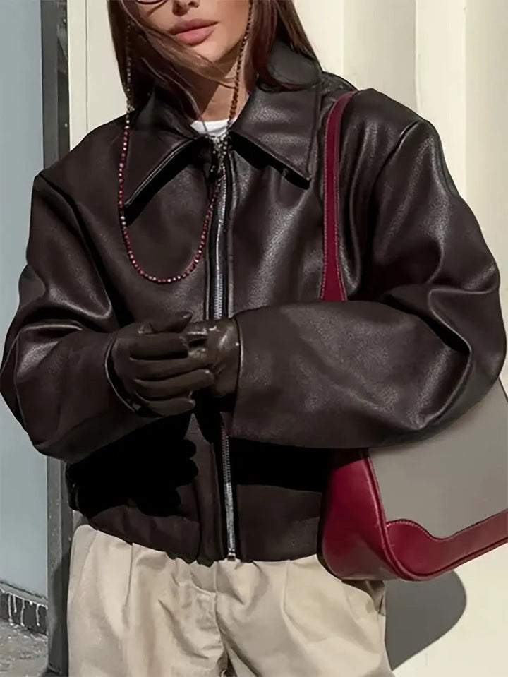 Elegant Faux Leather Jacket for Women with Collar Long Sleeve Oversized Cropped Style