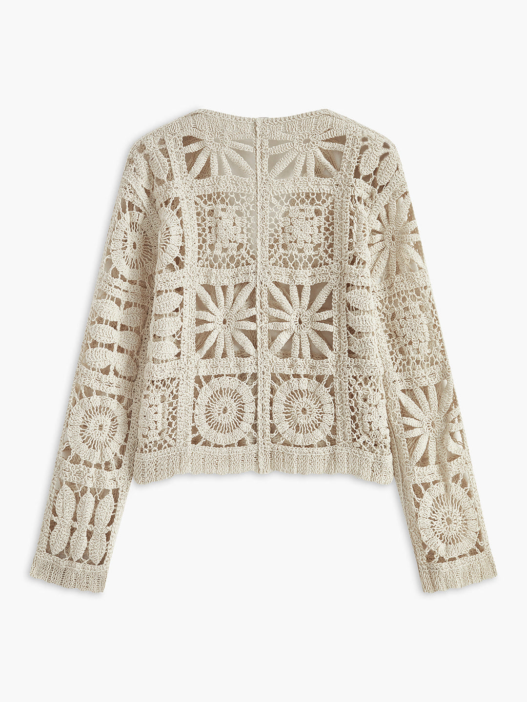 Effortless Beige Crochet Cardigan for Women with V Neck Long Sleeve Button Front Bohemian Style