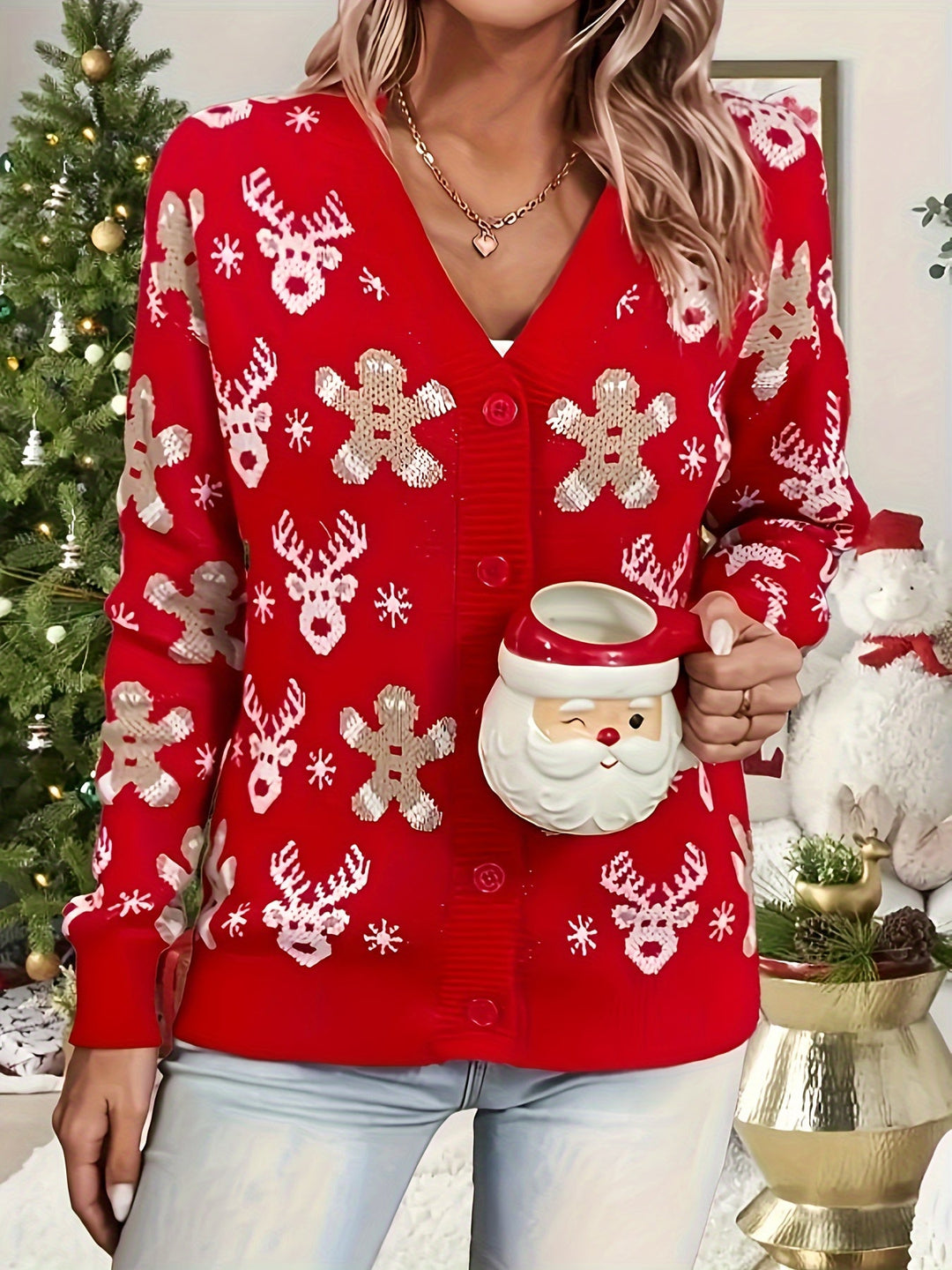 Cozy Red Sequin Christmas Sweater for Women with V Neck Long Sleeve Button Front Cardigan Style
