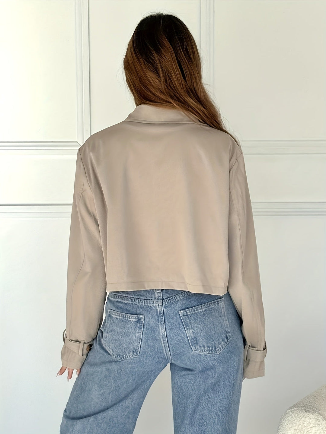 Elegant Khaki Cropped Pea Coat for Women with Notch Lapel Long Sleeve Double Breasted Casual Style