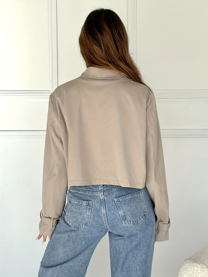 Elegant Khaki Cropped Pea Coat for Women with Notch Lapel Long Sleeve Double Breasted Casual Style