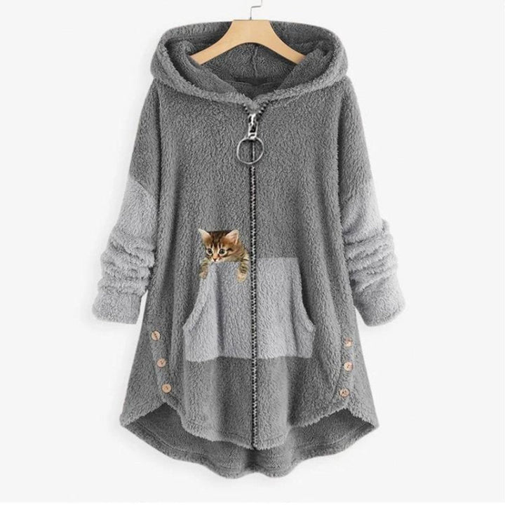 Comfortable Cat Print Fleece Sweatshirt for Women with Hooded Long Sleeve High Low Oversized Casual Style