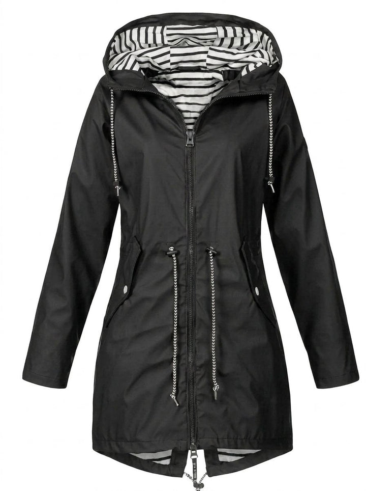 Effortless Striped Lined Rain Jacket for Women with Hooded Long Sleeve Drawstring Waist Casual Style