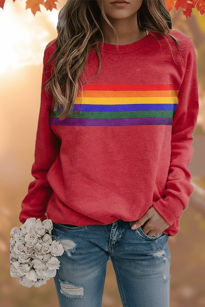 Comfortable Rainbow Striped Sweatshirt for Women with Crew Neck Long Sleeve Relaxed Oversized Style