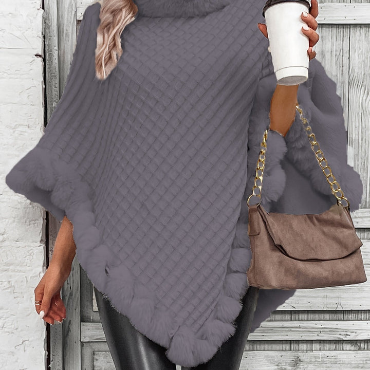 Comfortable Faux Fur Trim Poncho for Women with Turtleneck Batwing Sleeve Asymmetric Oversized Knit Style