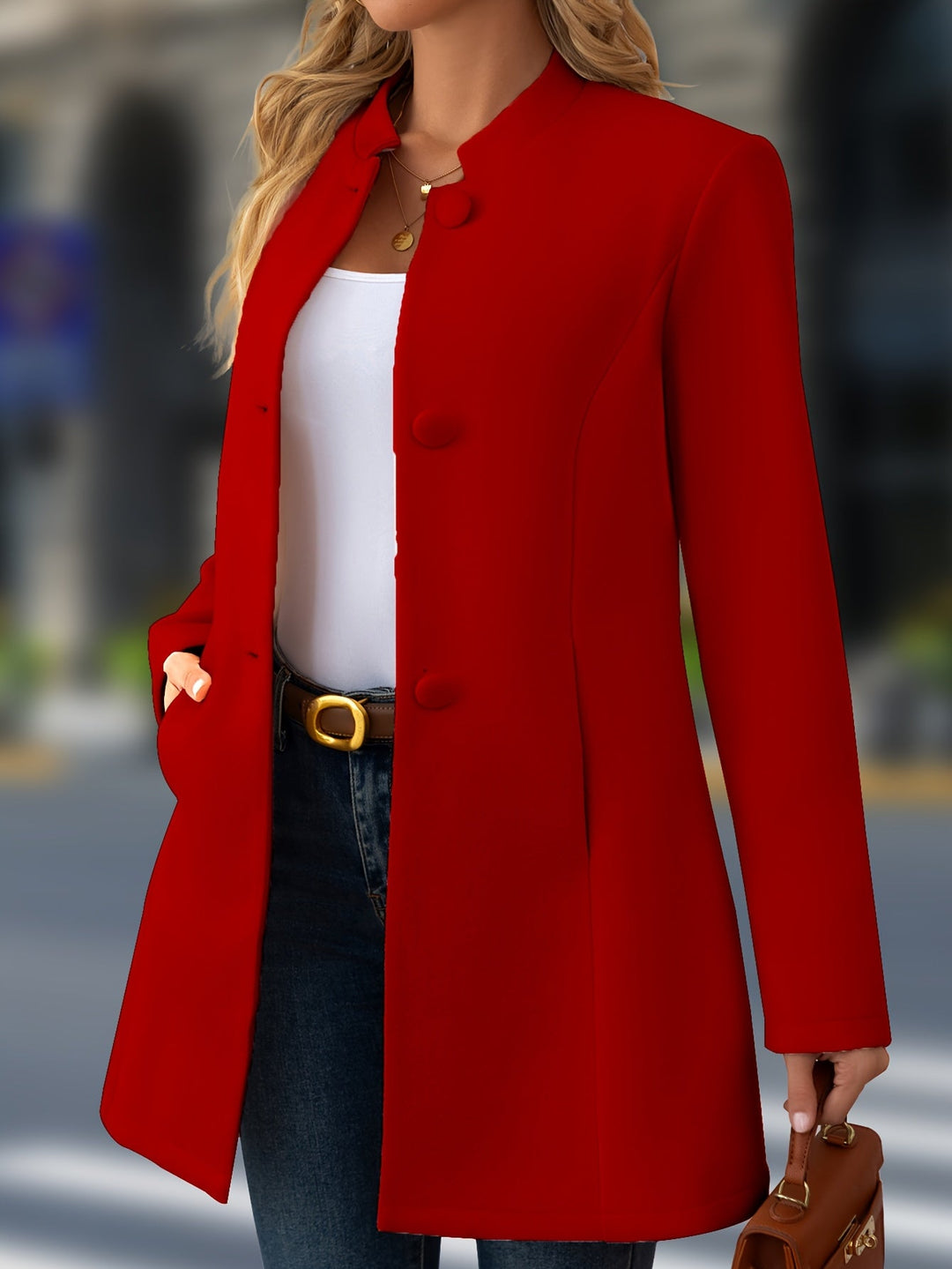 Elegant Wool Coat for Women with Stand Collar Button Front Belted Waist