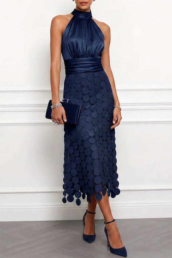 Elegant Satin Circle Cutout Midi Dress for Women with Halter Neck Sleeveless Ruched Waist Autumn Wedding Guest Style