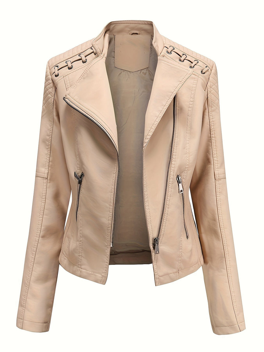 Elegant Leather Moto Jacket for Women with Notch Lapel Zip Front Studded Shoulder