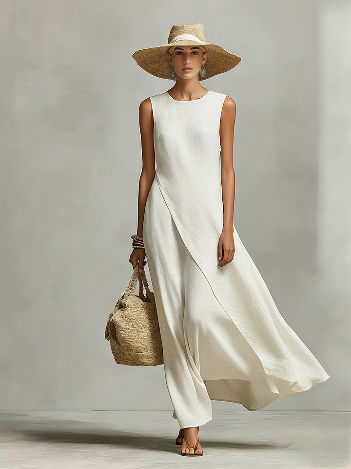 Ivory linen dress draped front detail