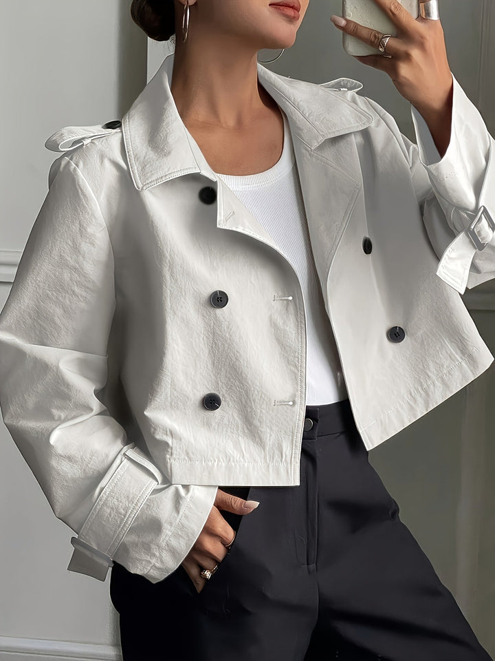 Elegant Khaki Pea Coat for Women with Notch Lapel Long Sleeve Double Breasted Cropped Style