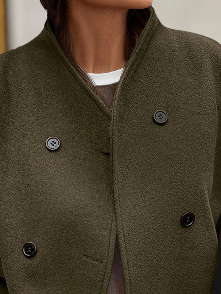 Elegant Dark Green Pea Coat for Women with Stand Collar Long Sleeve Double Breasted Relaxed Style