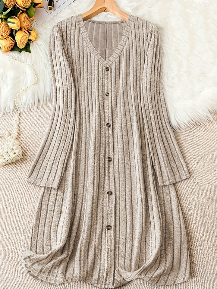 Comfortable Ribbed Knit Sweater Dress for Women with V Neck Long Sleeve Button Front Flowing Style