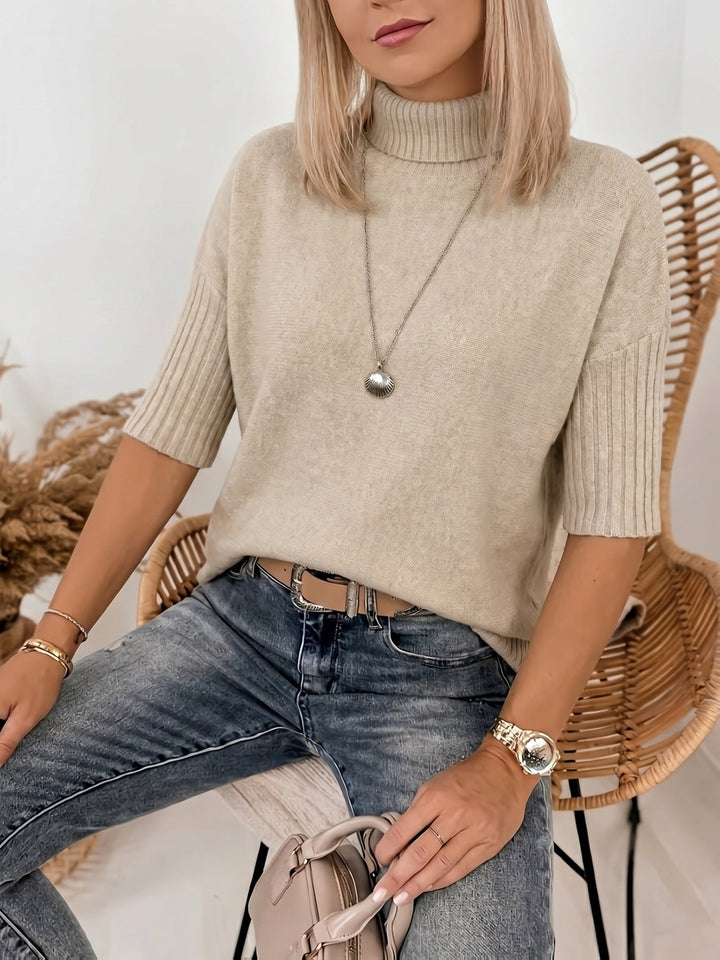 Comfortable Ribbed Knit Sweater for Women with Turtleneck Elbow Sleeve Relaxed Oversized Style