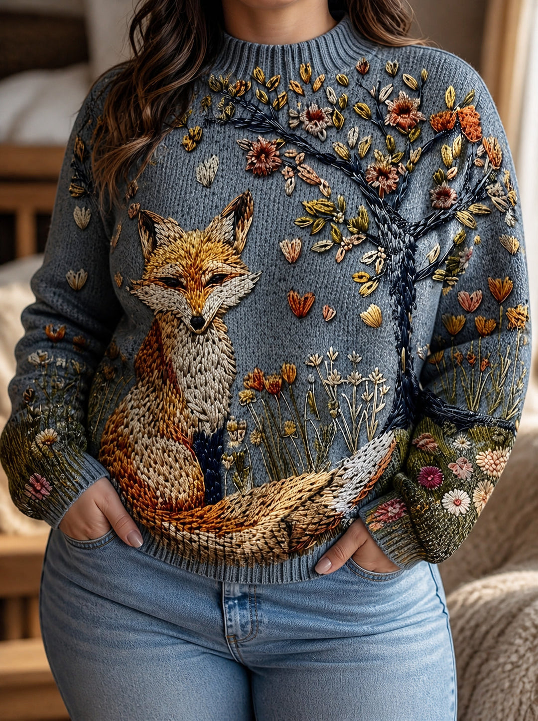 Embroidered fox balloon sleeve turtleneck in slate