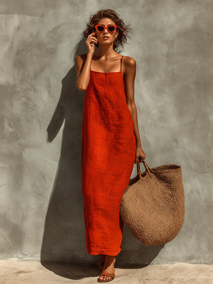 Women's Red Linen Dress With Spaghetti Straps & Square Neck, Timeless Boho-Resort Style Dress