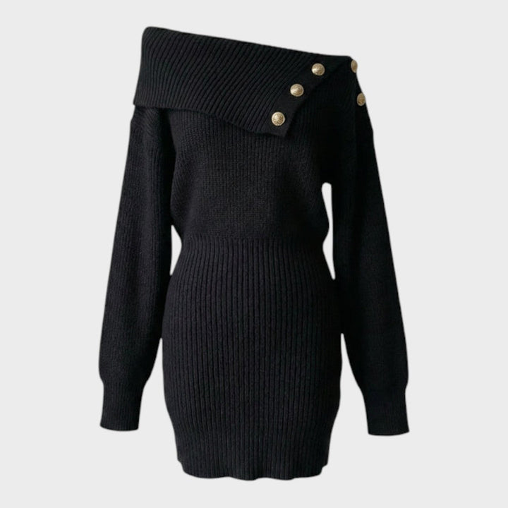 Chrisanthi | Fashion Dress with Button, Notched Neckline, Batwing Sleeves