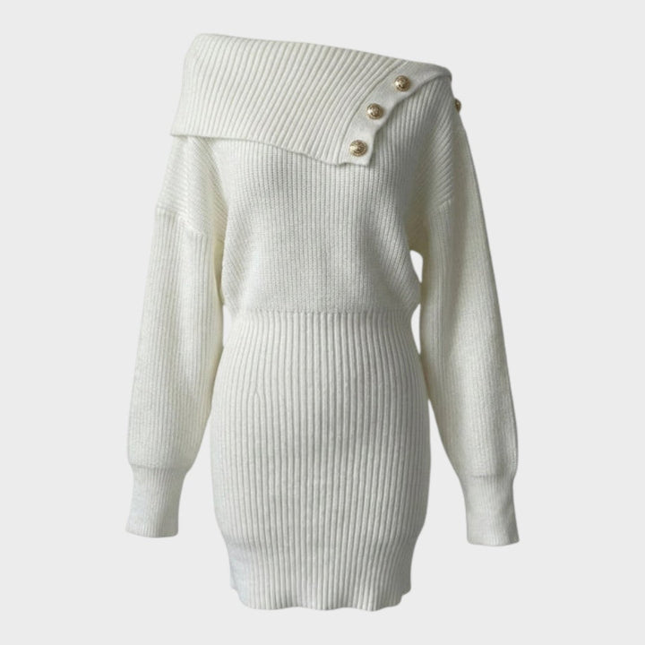 Chrisanthi | Fashion Dress with Button, Notched Neckline, Batwing Sleeves