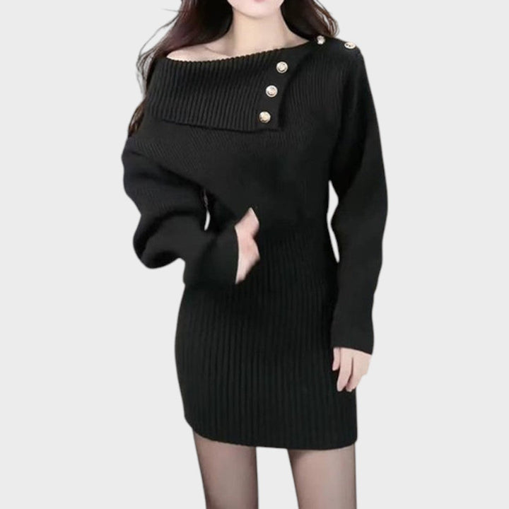 Chrisanthi | Fashion Dress with Button, Notched Neckline, Batwing Sleeves