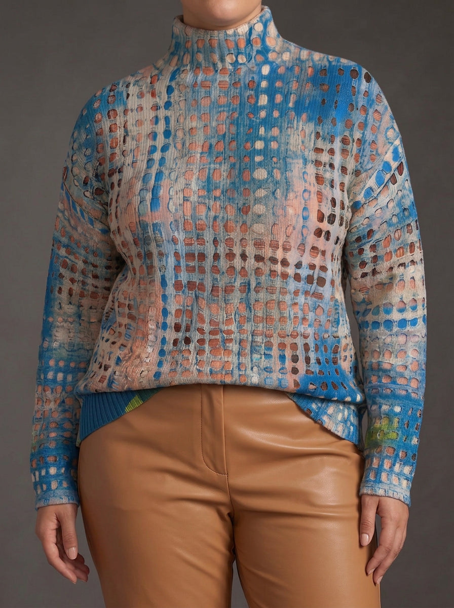 Lattice print oversized turtleneck in indigo and beige