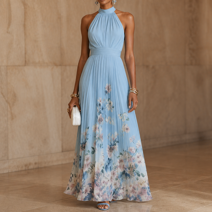 Elegant Blue Floral Maxi Dress for Women with Halter Neck Sleeveless Pleated Flowing Fall Wedding Guest Style