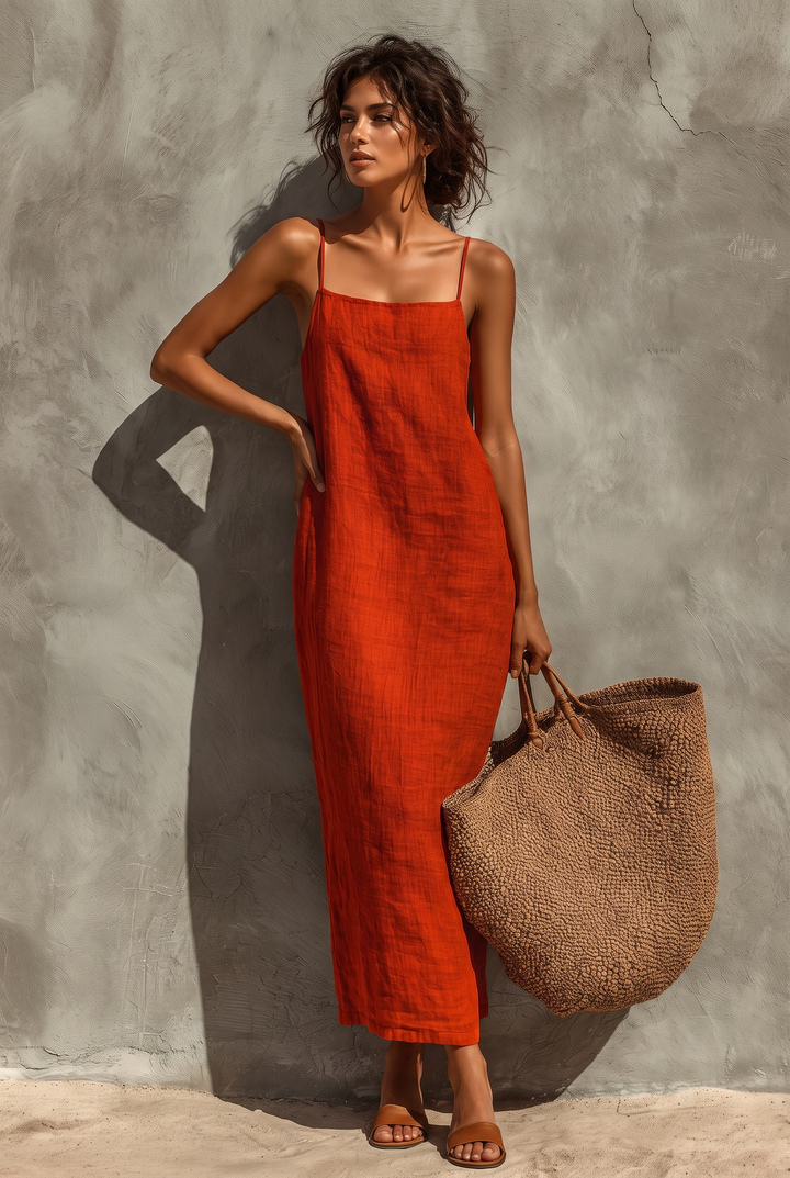 Red linen maxi dress with square neckline and spaghetti straps - front view