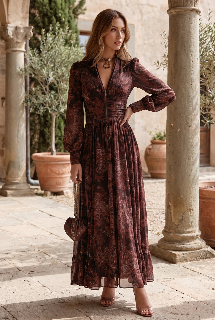 Ornate print maxi dress with centre-front zip - front view