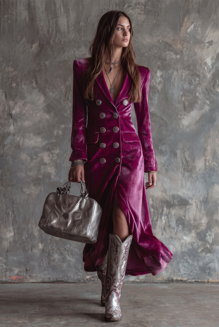 Long blazer dress with notch lapel and button front - front view