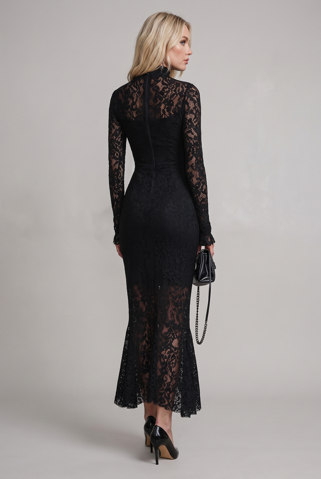 Black stretch lace fishtail maxi dress - front view