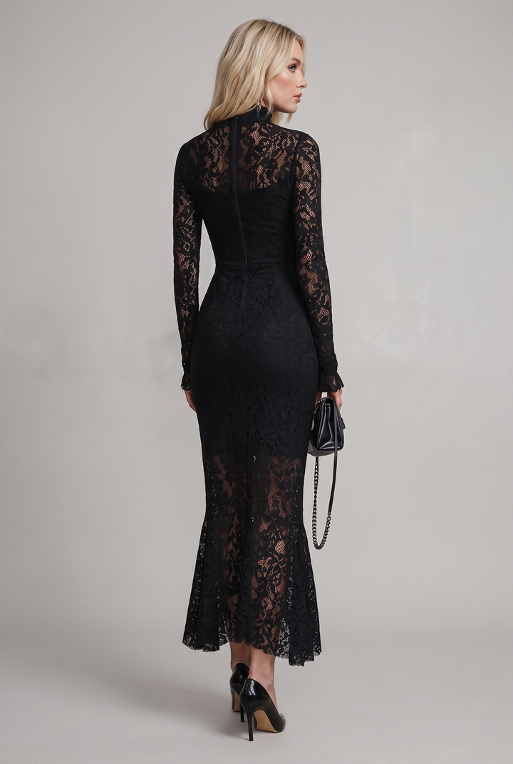 Black stretch lace fishtail maxi dress - front view