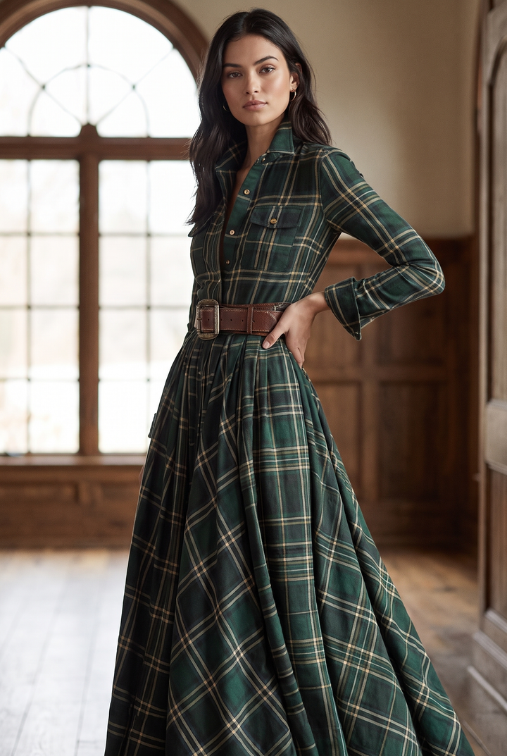 Checked midi shirt dress with waist belt and pockets - front view