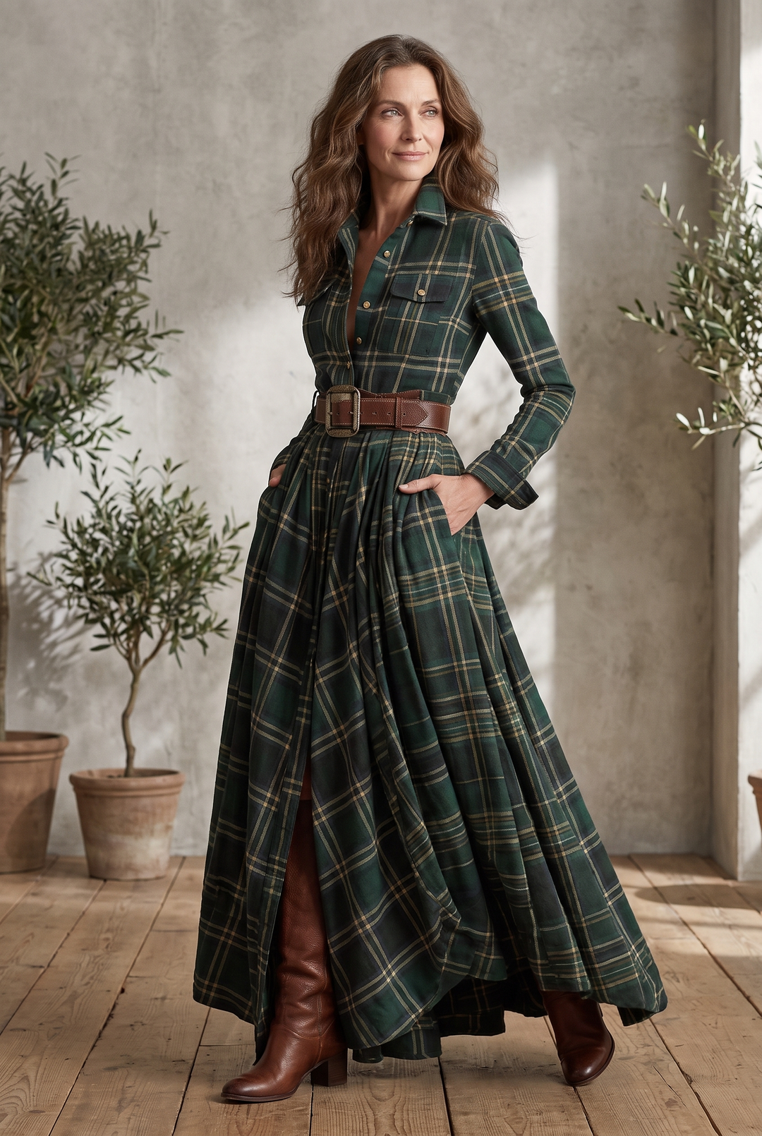 Plaid belted shirt dress with collar and side pockets - front view