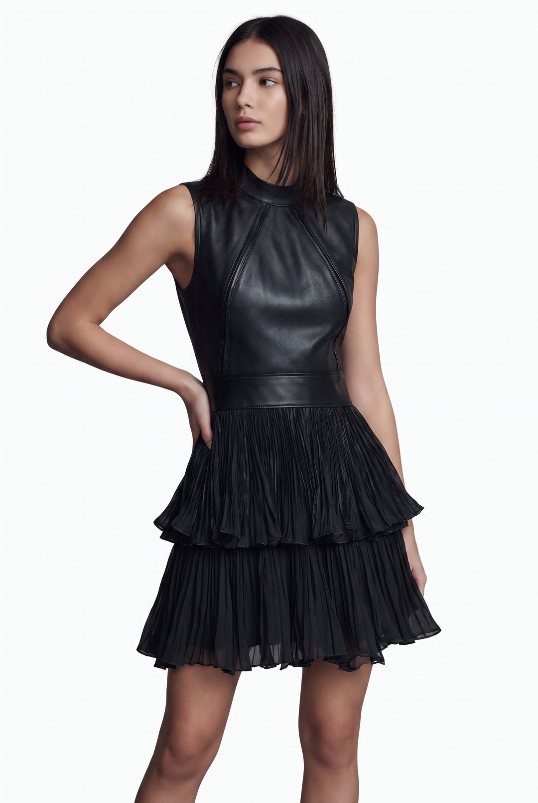 Black eco leather mini dress with tiered pleated chiffon skirt - front view