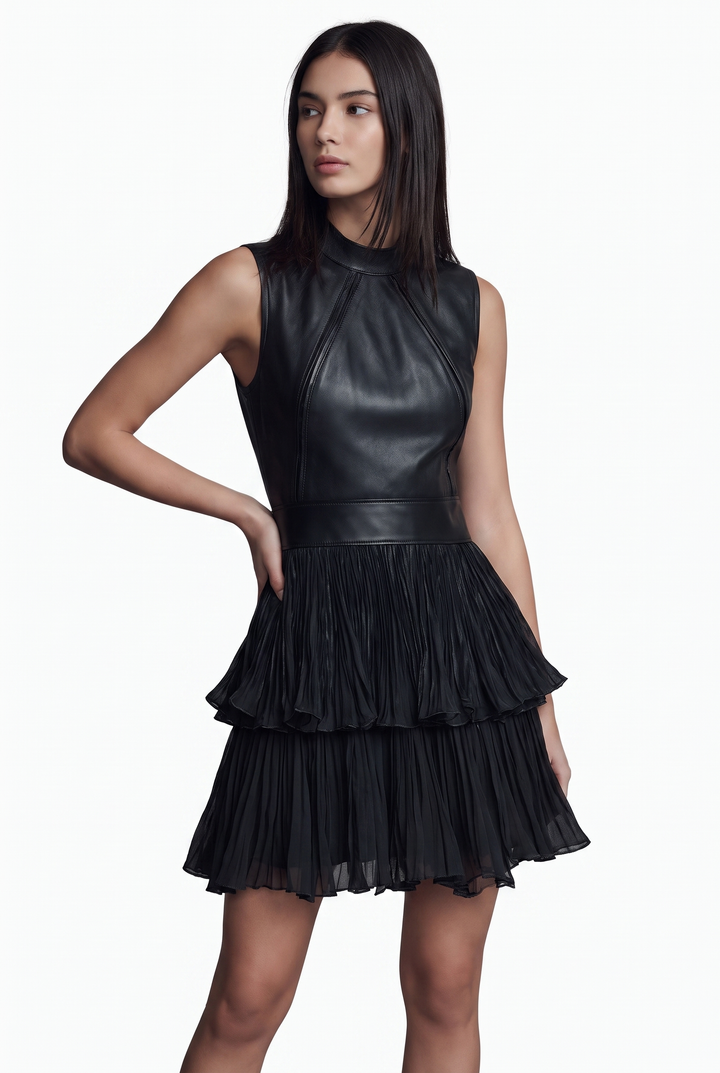Black eco leather mini dress with tiered pleated chiffon skirt - front view