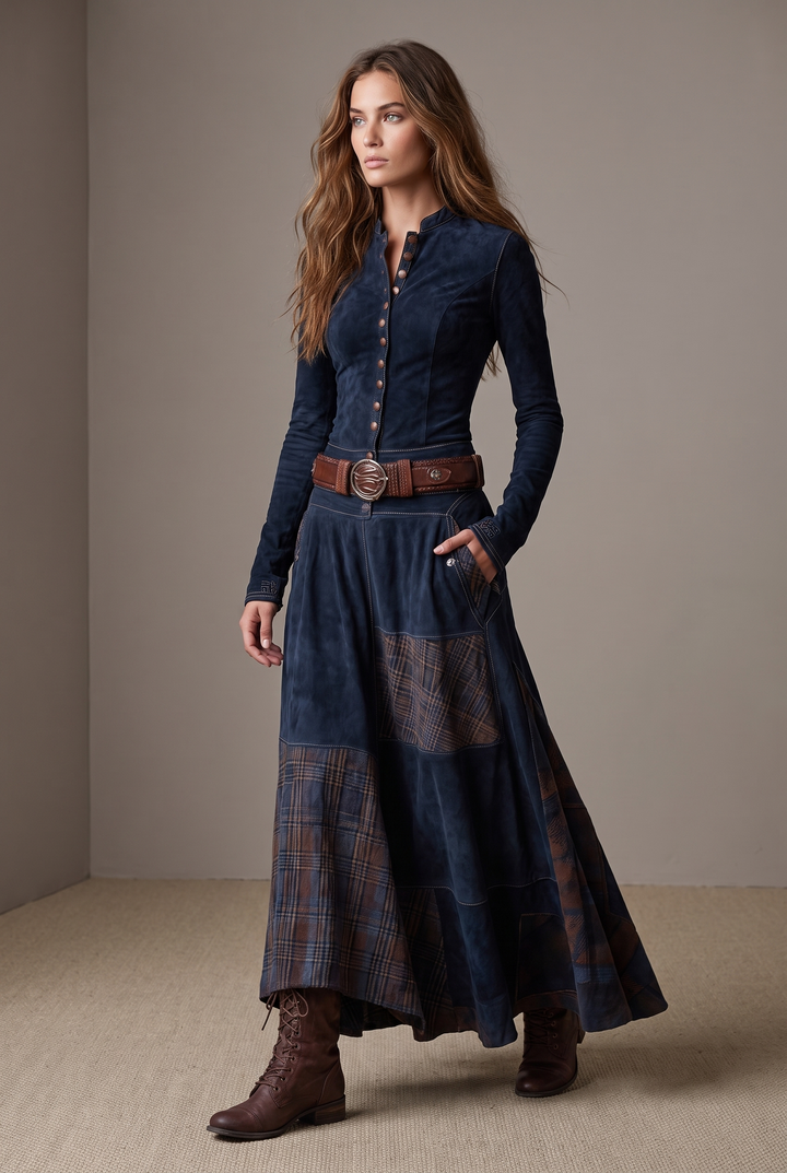 Navy blue faux suede check long dress with belt - front view