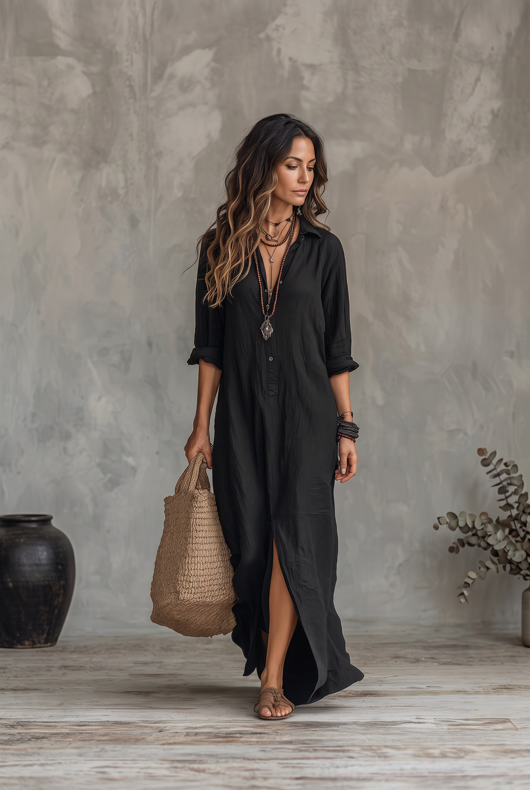 Black relaxed midi dress - front view