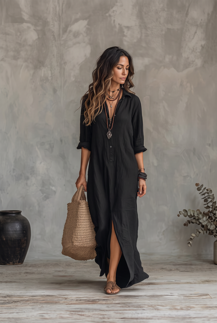 Black relaxed midi dress - front view