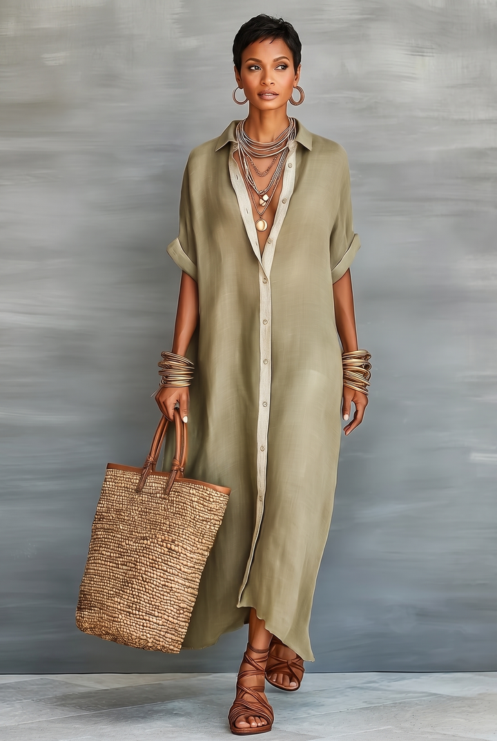 Maxi dress with clean neckline and soft drape - front view