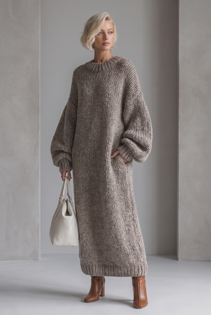 Khaki knitted maxi dress with long sleeves - front view