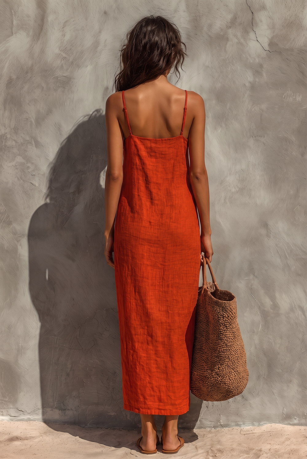 Red linen maxi dress with square neckline and spaghetti straps - back view