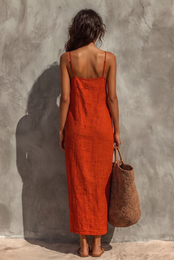 Red linen maxi dress with square neckline and spaghetti straps - back view