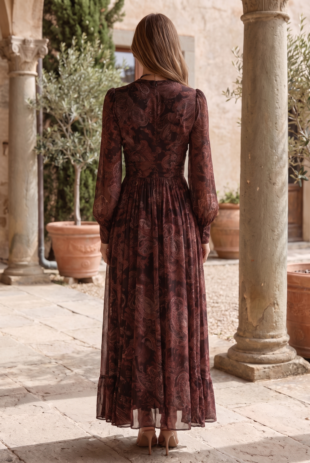 Ornate print maxi dress with centre-front zip - back view