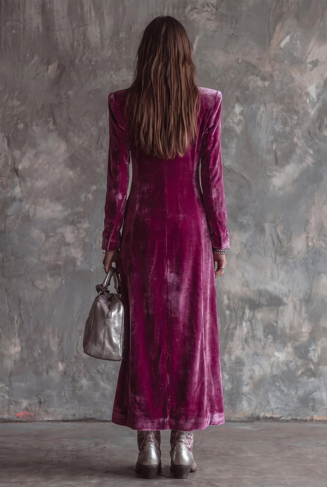 Long blazer dress with notch lapel and button front - back view