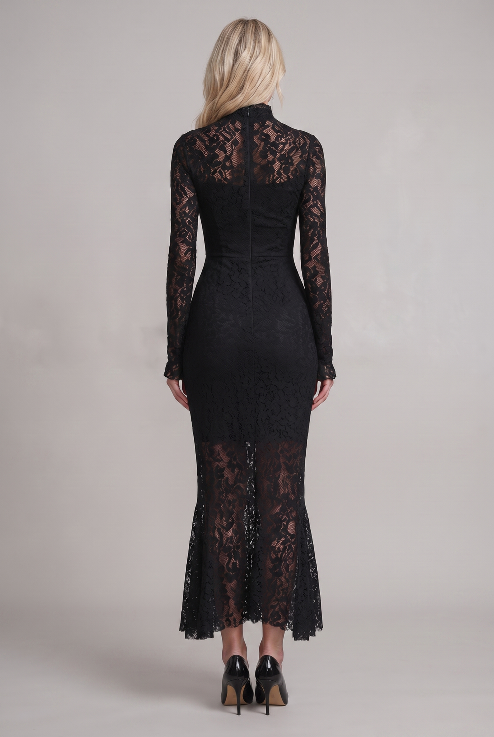 Black stretch lace fishtail maxi dress - back view