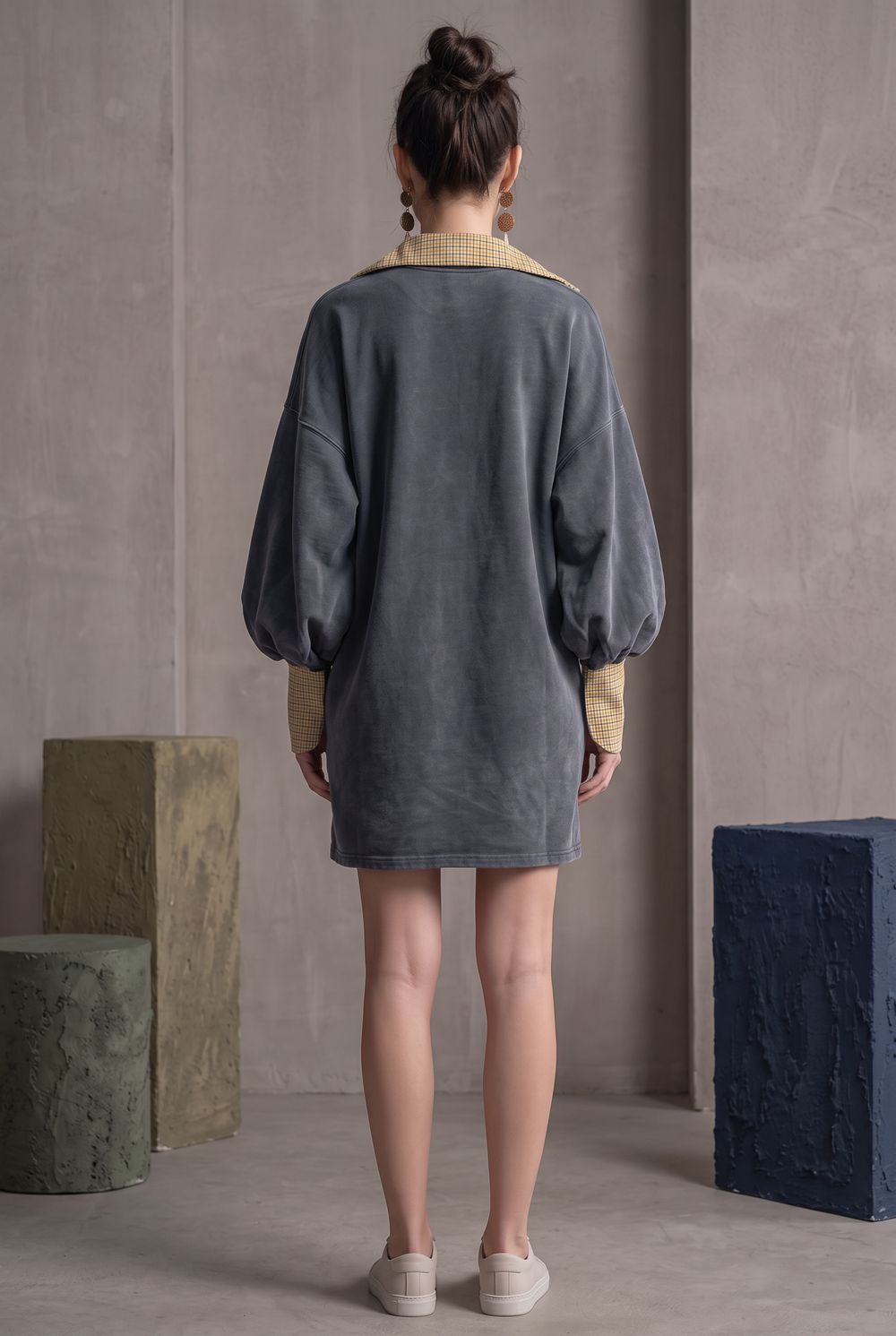 Grey washed cotton sweatshirt mini dress with plaid trim - back view