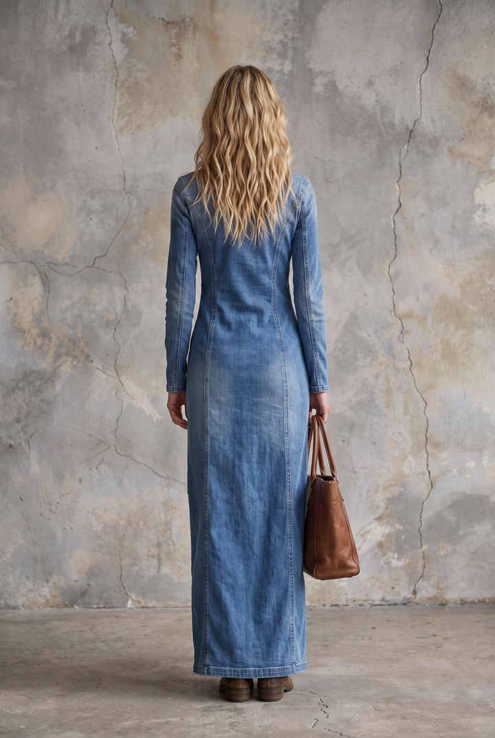 Blue denim V-neck maxi dress with button front and side slit - back view