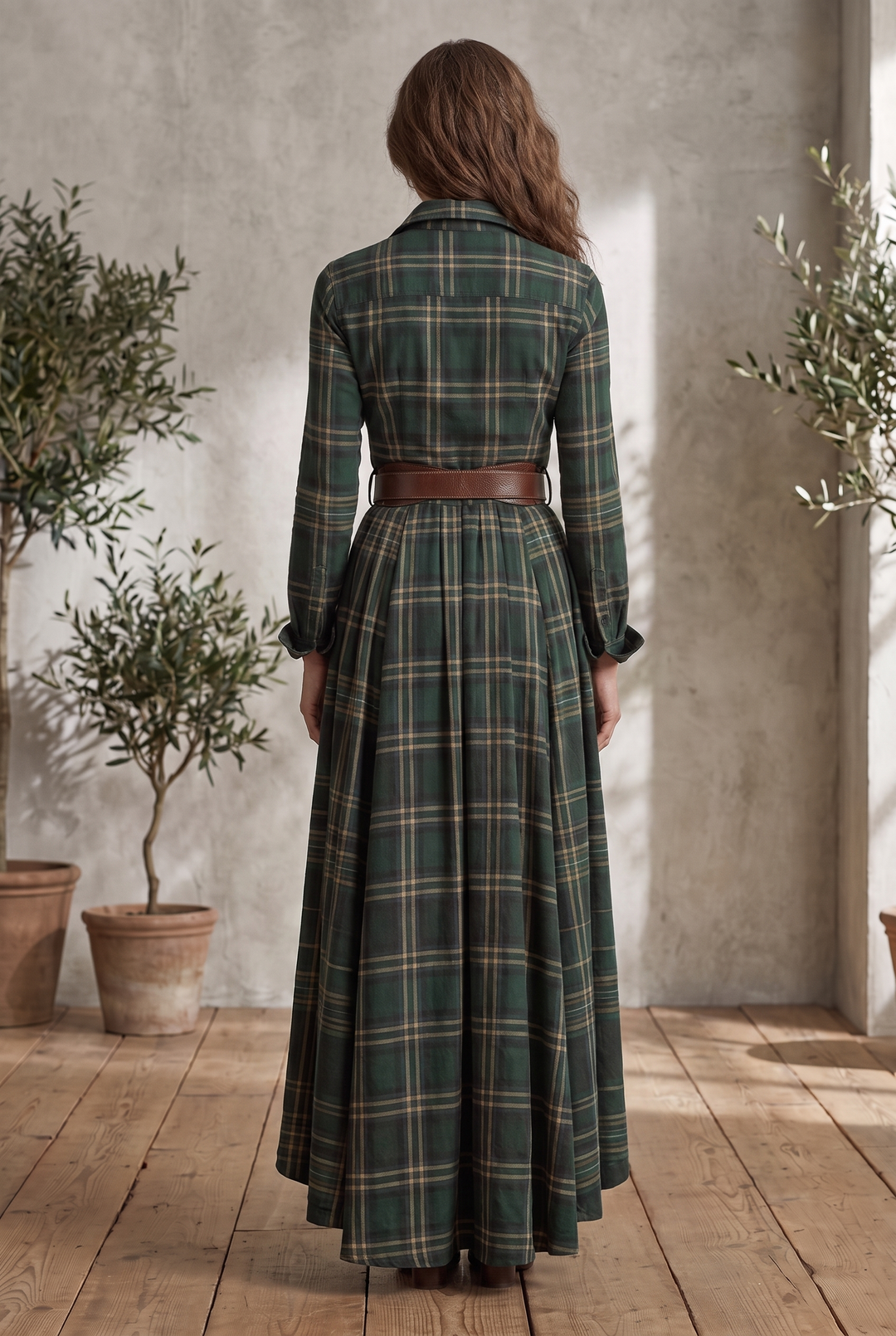 Plaid belted shirt dress with collar and side pockets - back view