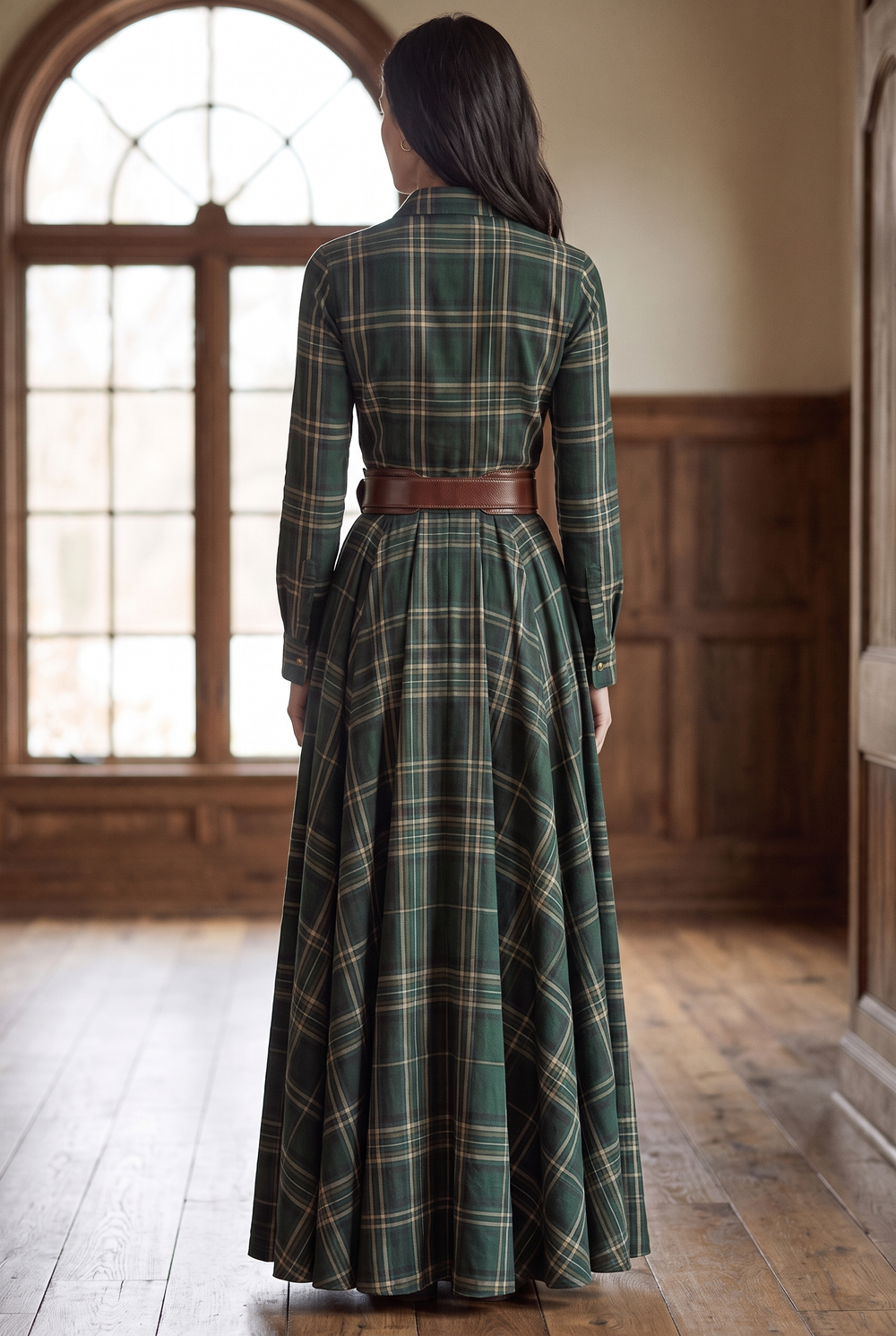 Checked midi shirt dress with waist belt and pockets - back view
