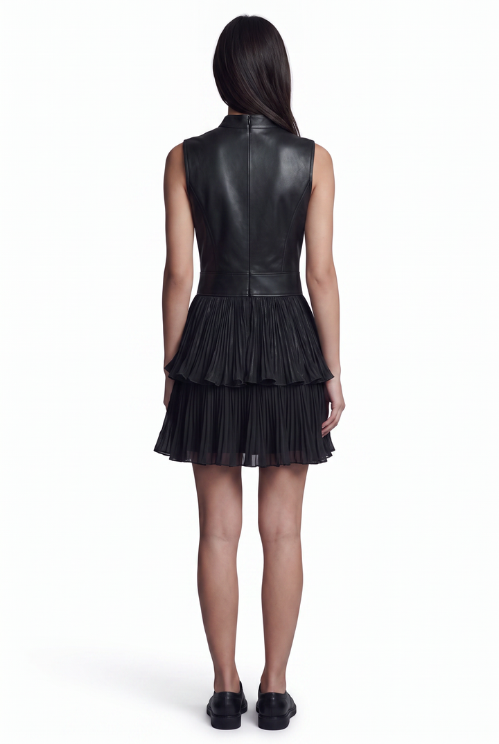 Black eco leather mini dress with tiered pleated chiffon skirt - back view