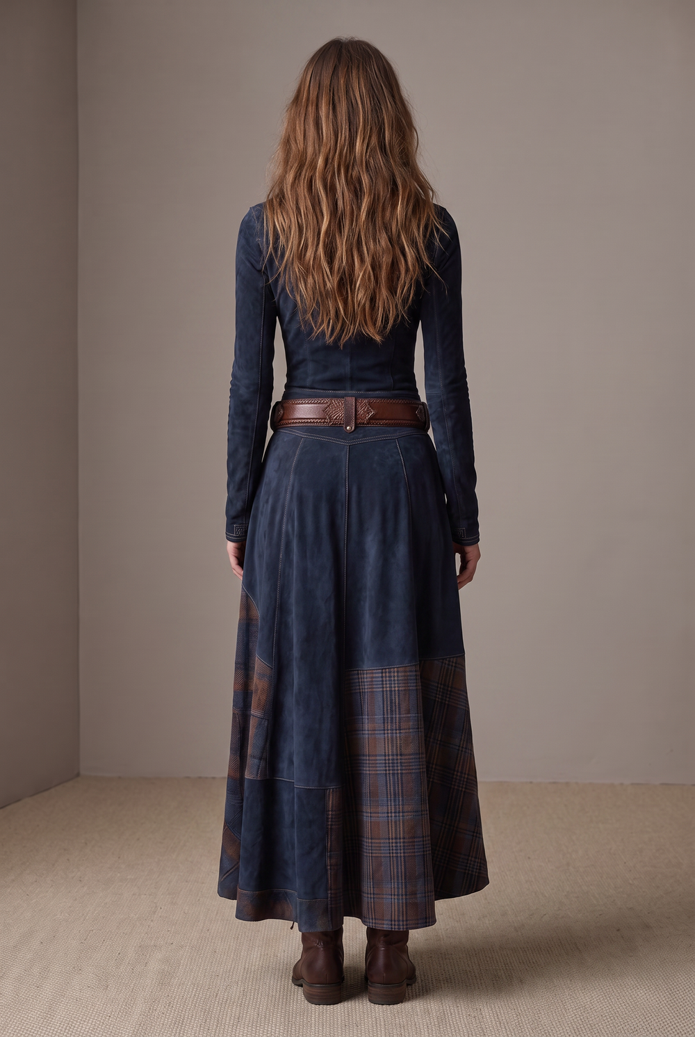 Navy blue faux suede check long dress with belt - back view
