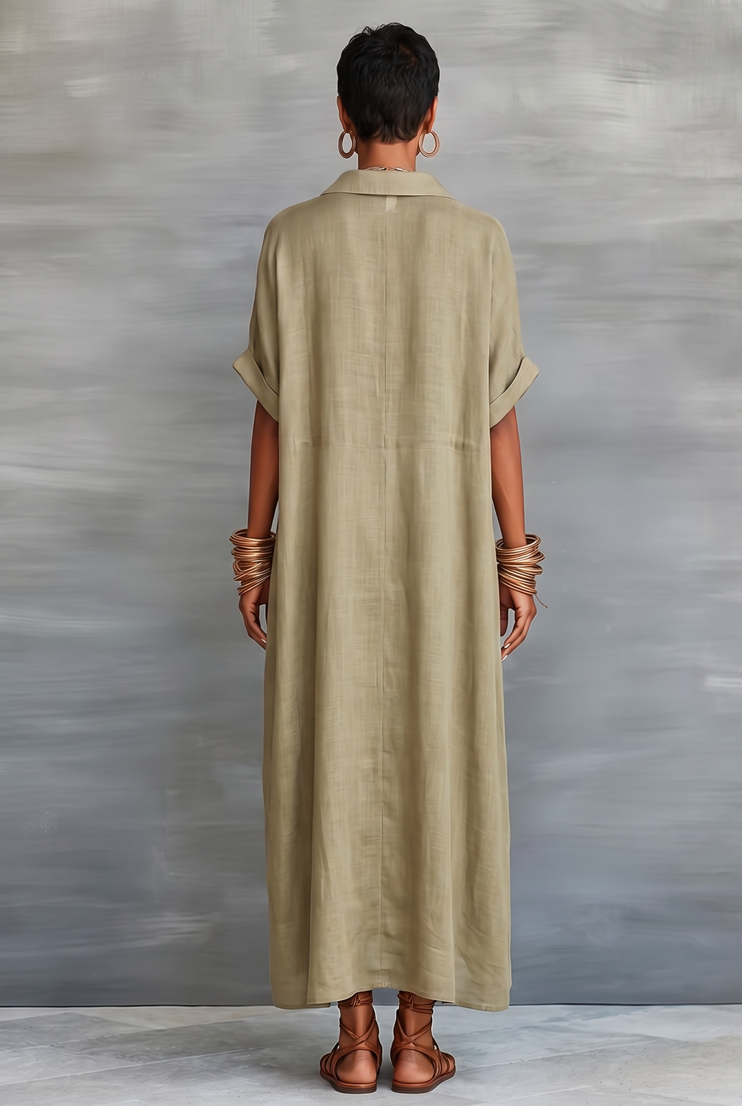 Maxi dress with clean neckline and soft drape - back view